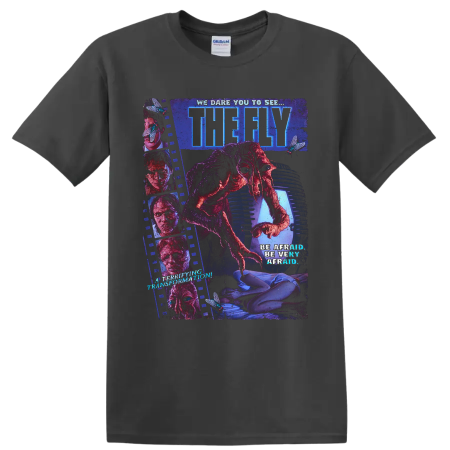 The Fly horror movie mutant insect transformation poster art on a Charcoal T Shirt