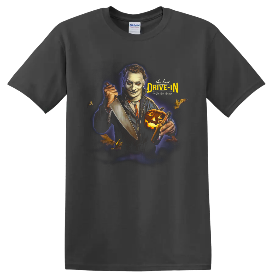The Last Drive In 2 horror movie host with knife and pumpkin graphic on a Charcoal T Shirt