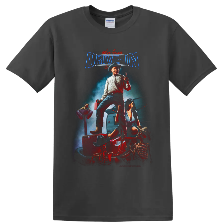 The Last Drive In cowboy and skeleton roadside horror poster art on a Charcoal T Shirt
