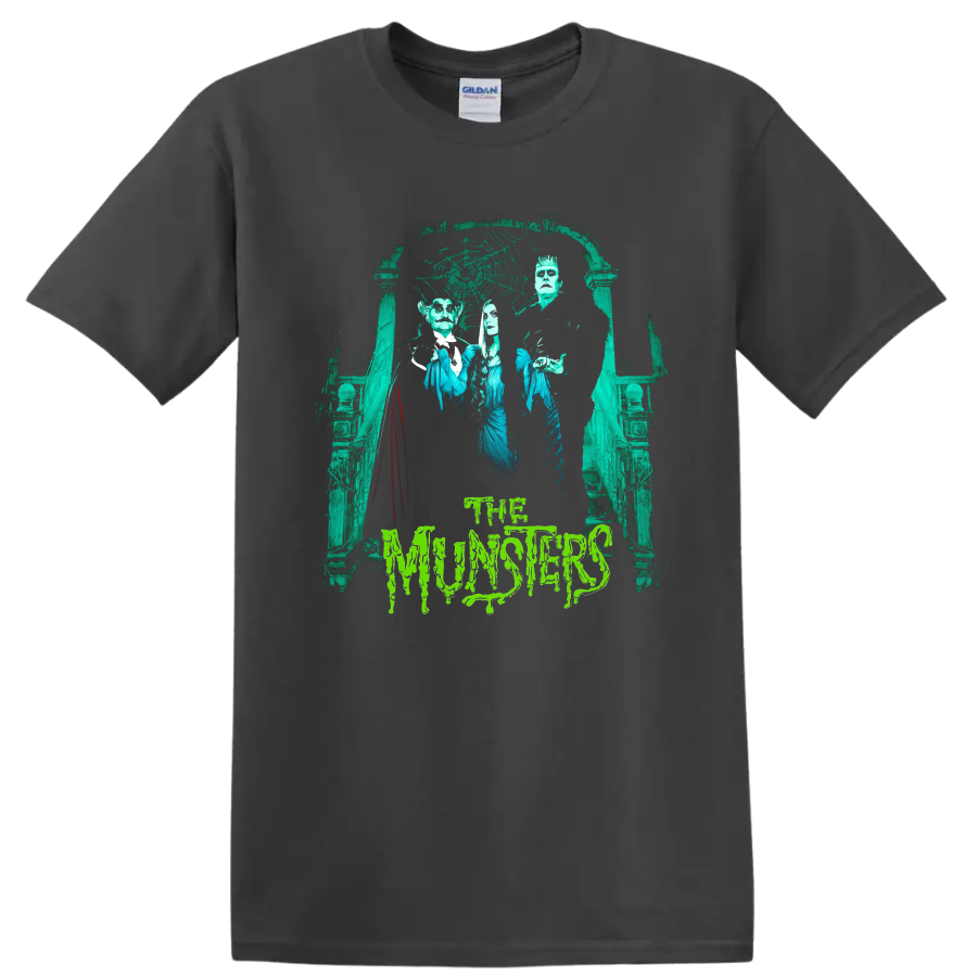The Munsters gothic family portrait with haunted archway and dripping text on a Charcoal T Shirt