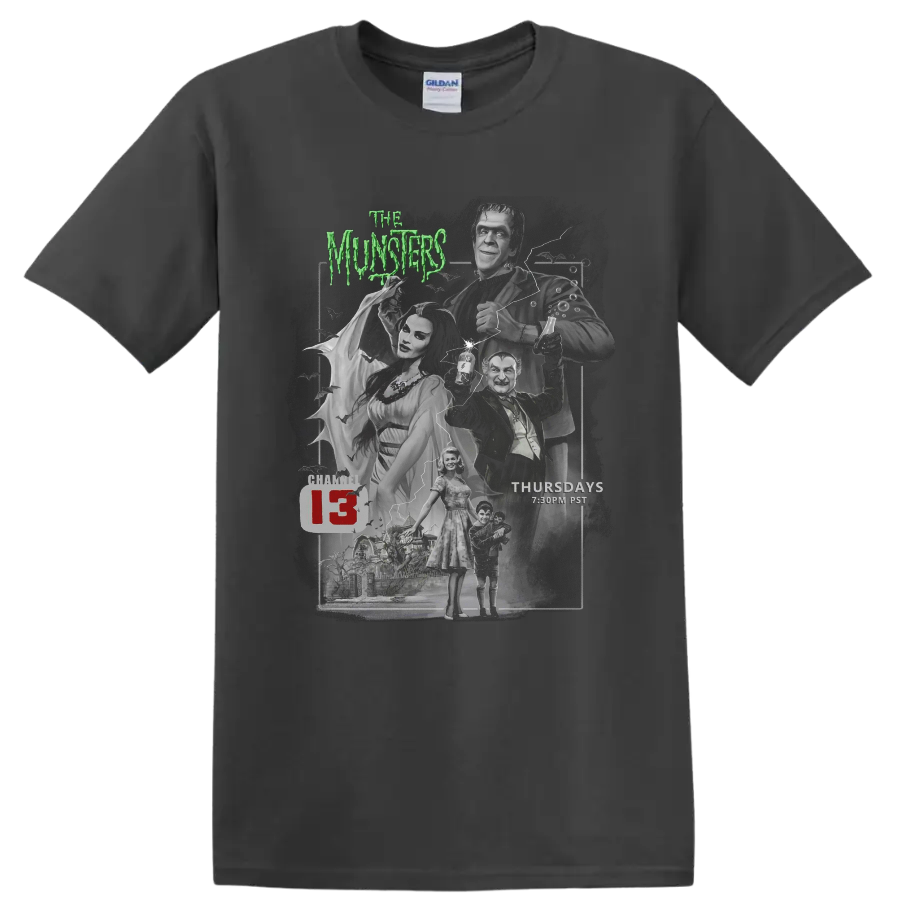 The Munsters 3 vintage gothic horror cast collage with green title text on a Charcoal T Shirt