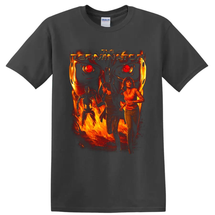 Terminator 3 fiery cyborg movie poster art with fleeing figures on a Charcoal T Shirt