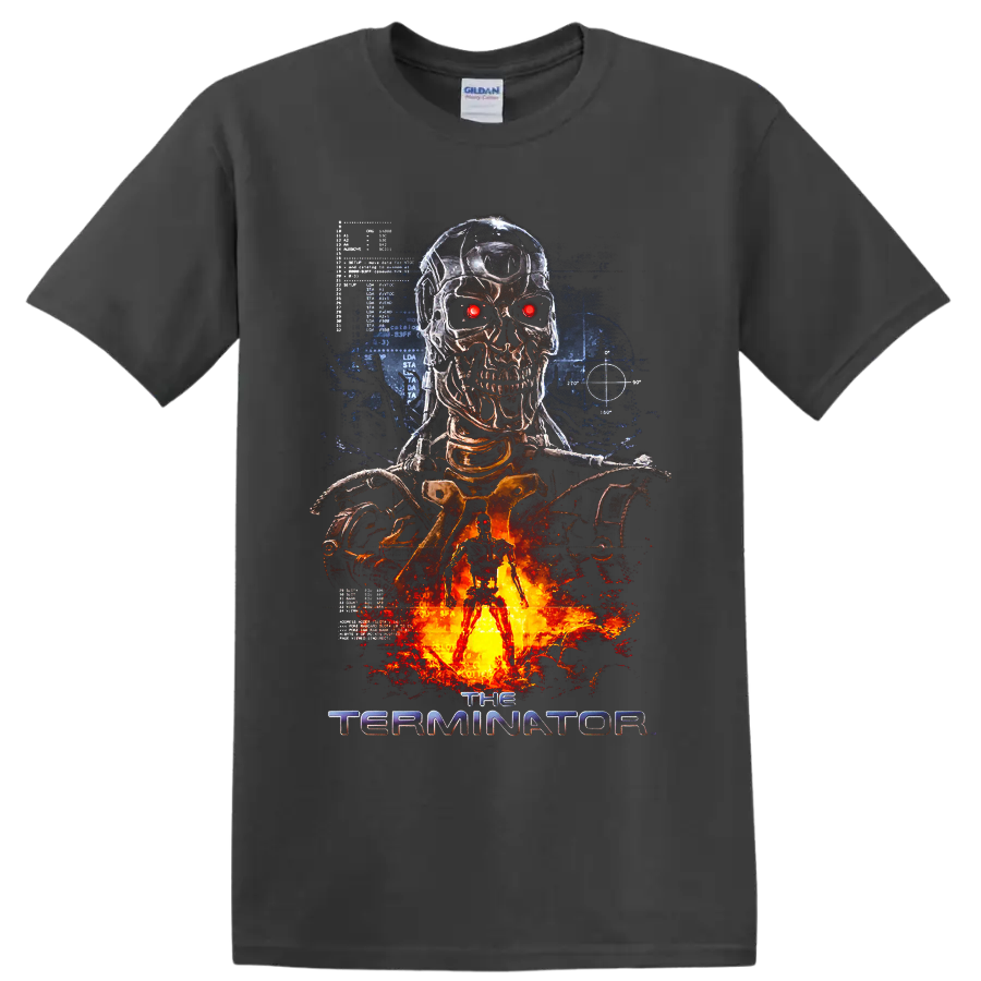 Terminator Salvation cybernetic skull with glowing red eyes and fiery sci-fi artwork on a Charcoal T Shirt