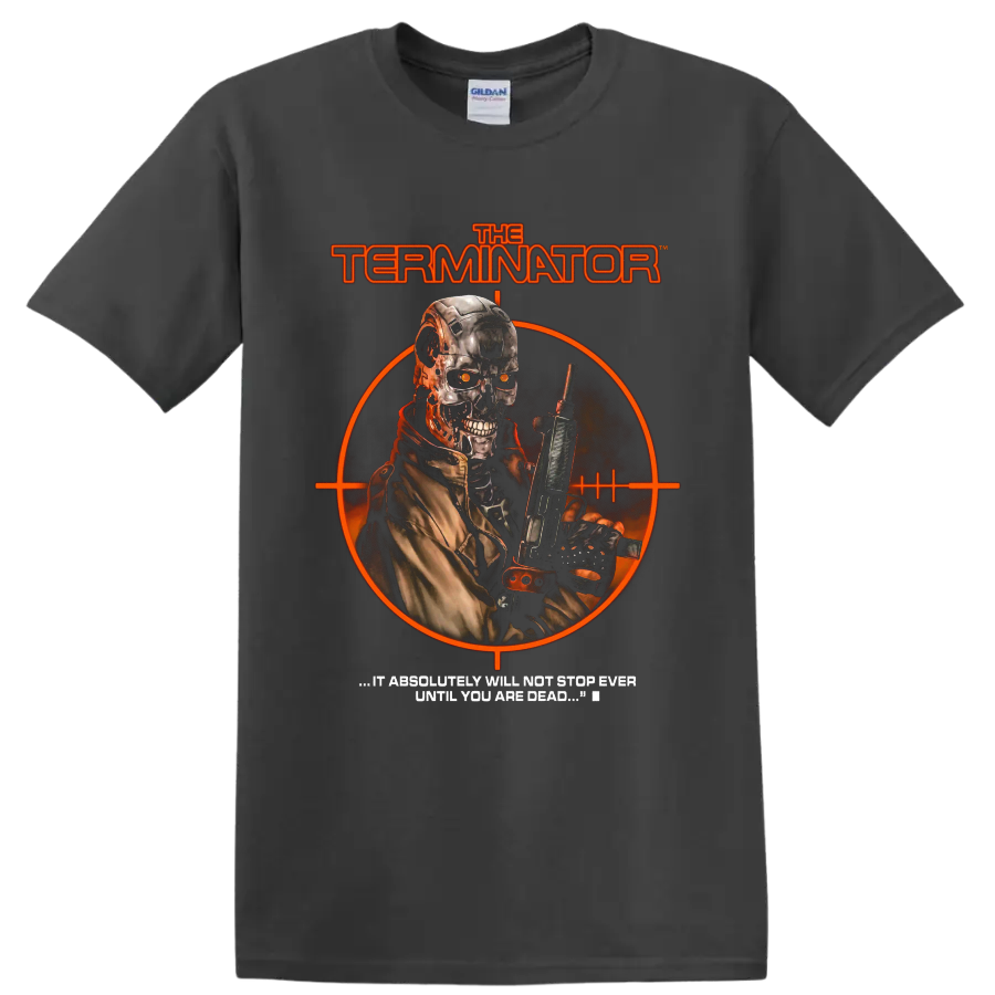Terminator Genisys cybernetic soldier with rifle and orange target graphic on a Charcoal T Shirt