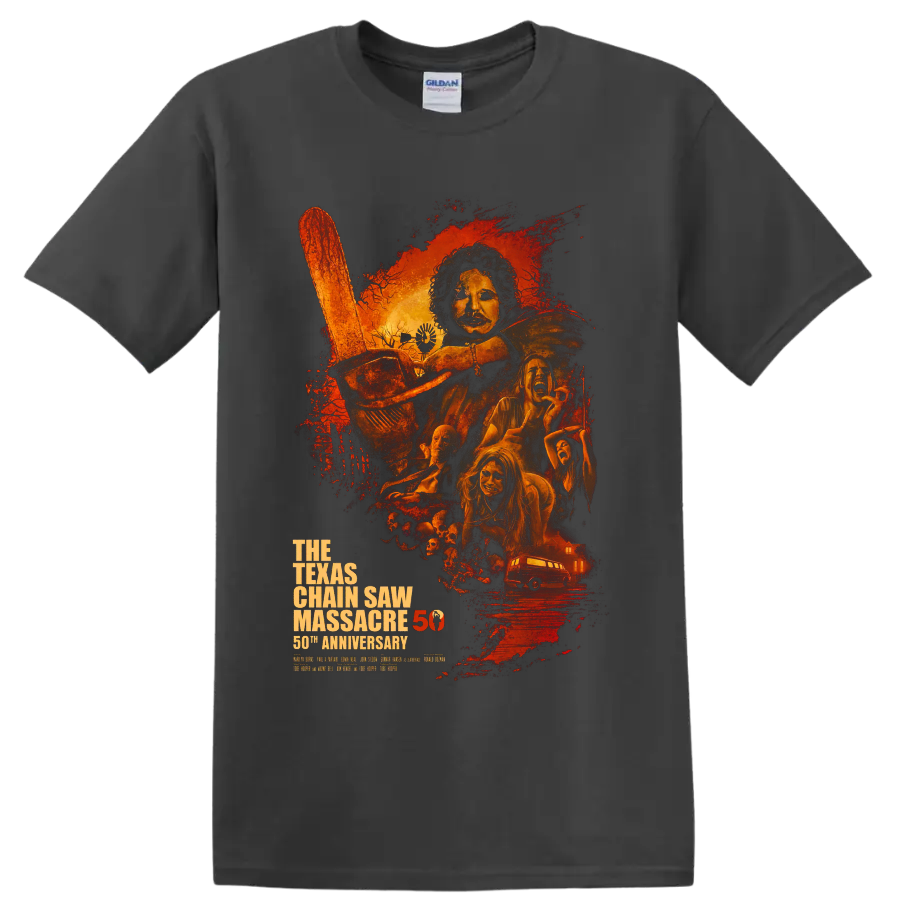 Leatherface chainsaw horror poster with 50th anniversary text on a Charcoal T Shirt