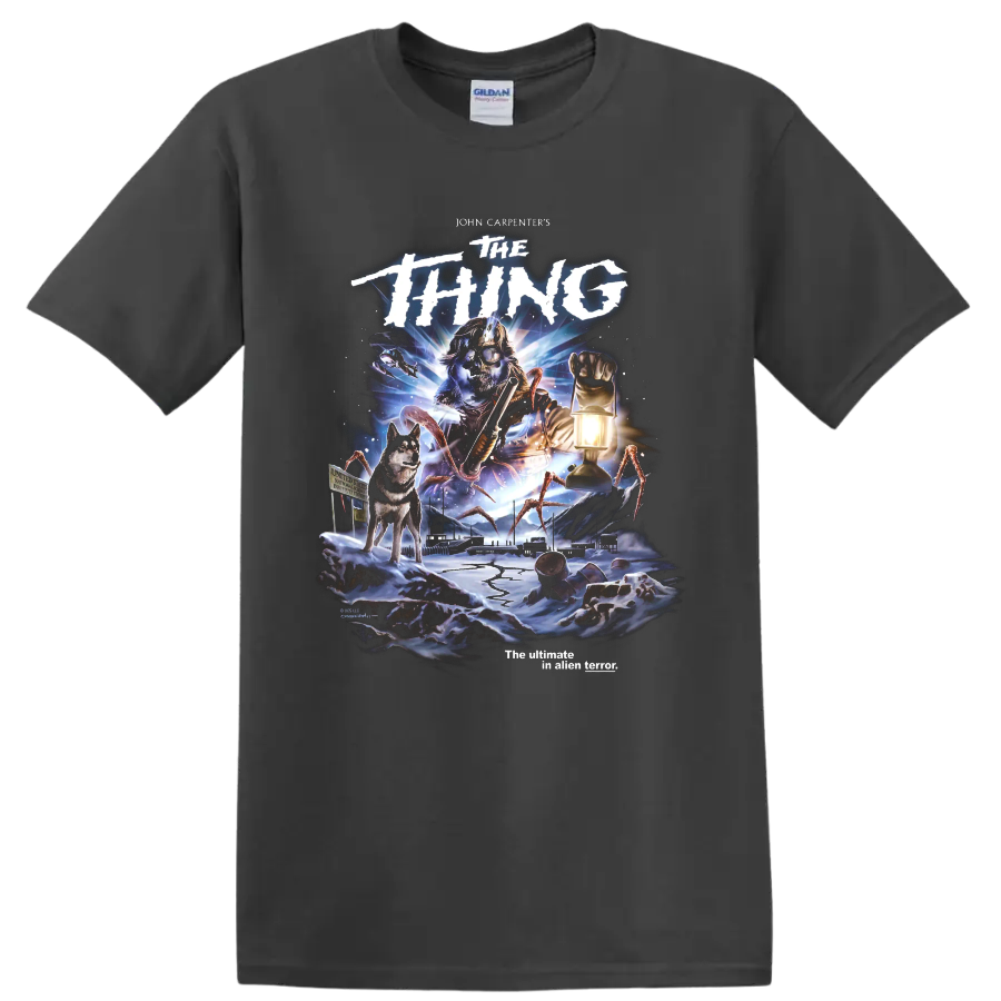 John Carpenter's The Thing arctic horror movie poster graphic with dog and lantern on a Charcoal T Shirt