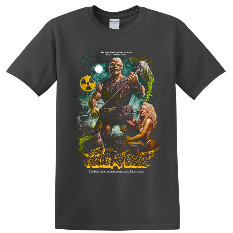 The Toxic Avenger radioactive mutant hero retro horror poster graphic on a Charcoal T Shirt
