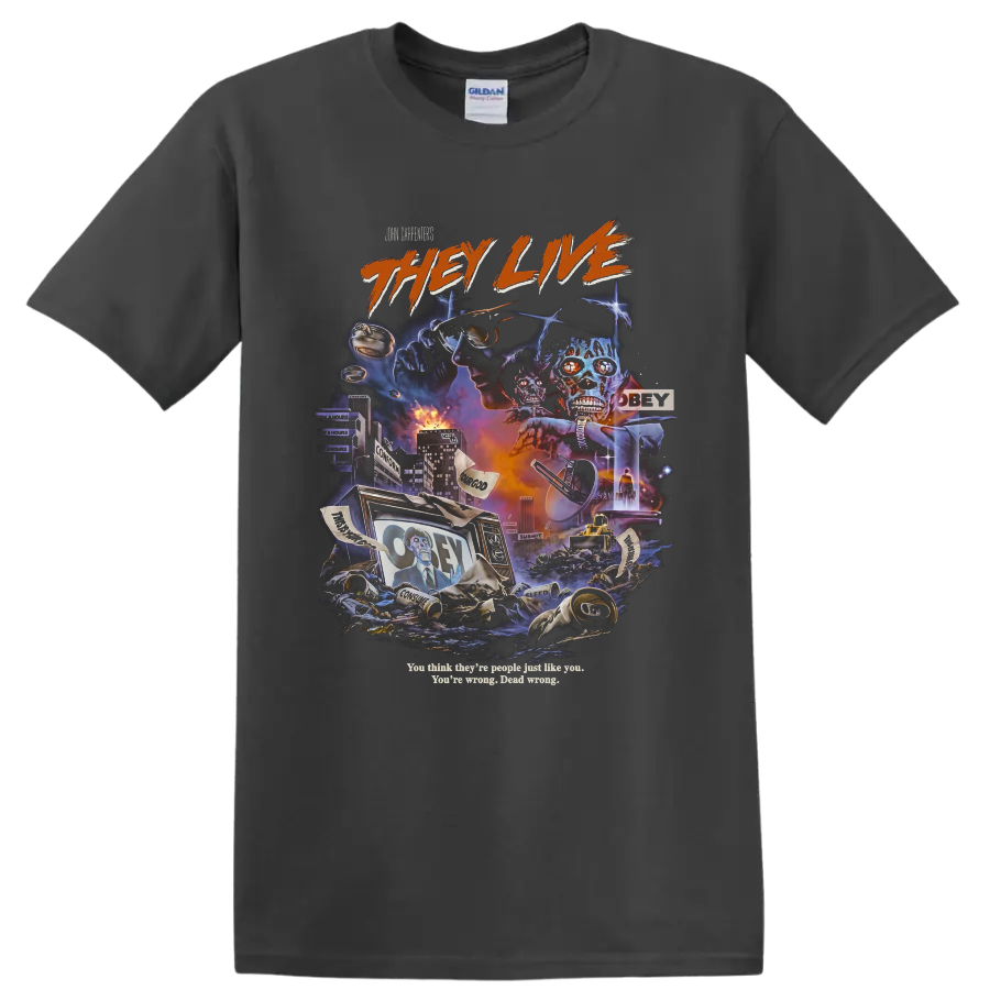 They Live dystopian horror collage with alien skulls and sunglasses on a Charcoal T Shirt
