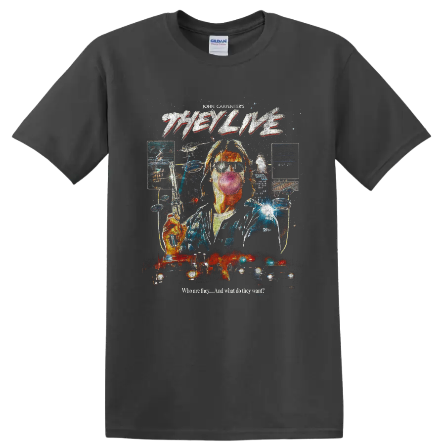 They Live retro sci-fi collage with alien sunglasses and flying saucers on a Charcoal T Shirt
