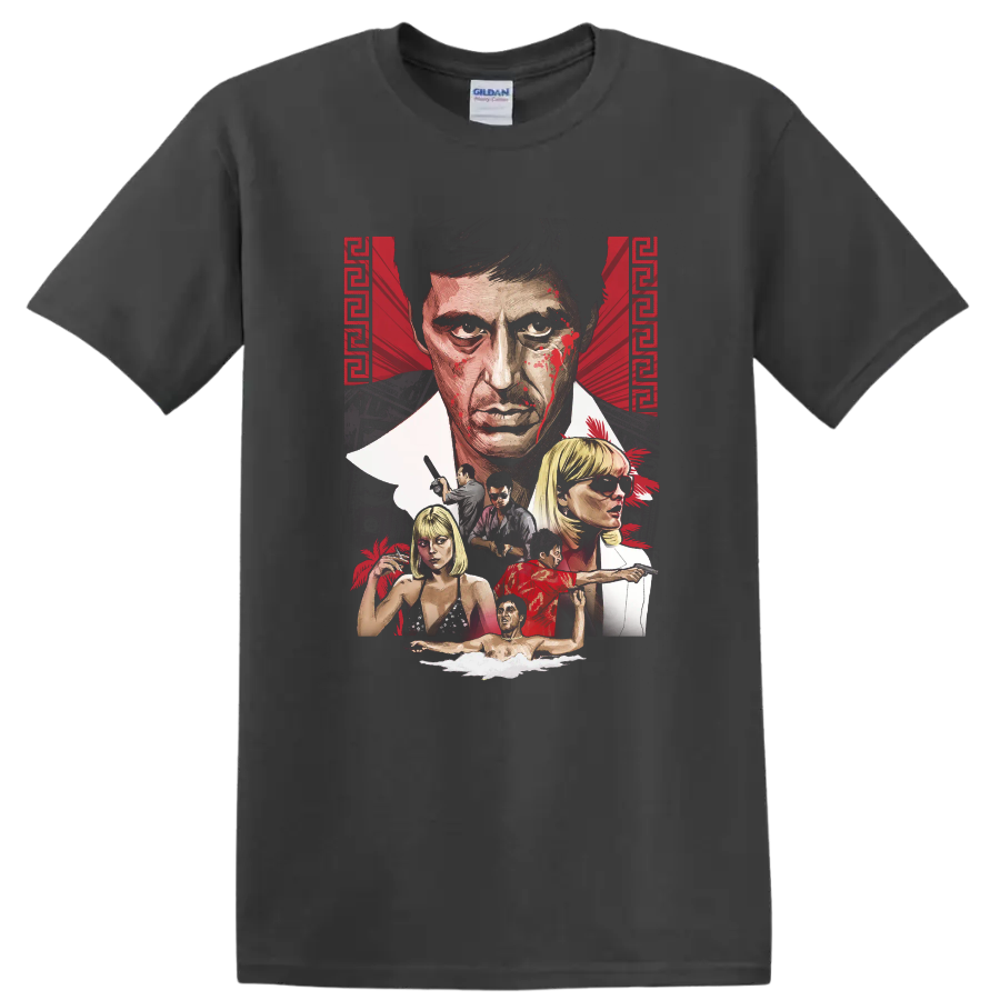 Scarface Tony Montana illustrated crime drama character collage on a Charcoal T Shirt