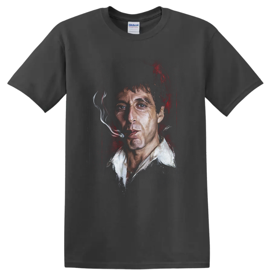 Scarface Tony Montana portrait graphic with smoking cigar and red accents on a Charcoal T Shirt