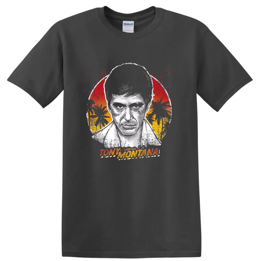 Tony Montana Scarface distressed portrait with tropical sunset graphic on a Charcoal T Shirt