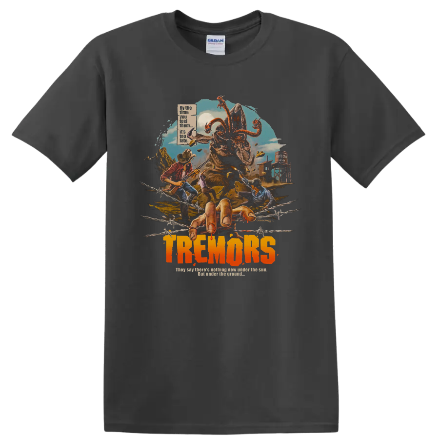 Tremors monster movie graphic with desert survivors and bold title text on a Charcoal T Shirt