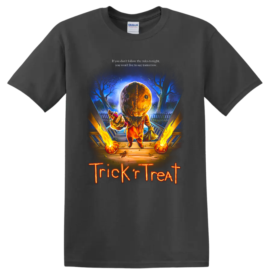 Trick 'r Treat pumpkin mask horror graphic with Halloween lettering on a Charcoal T Shirt