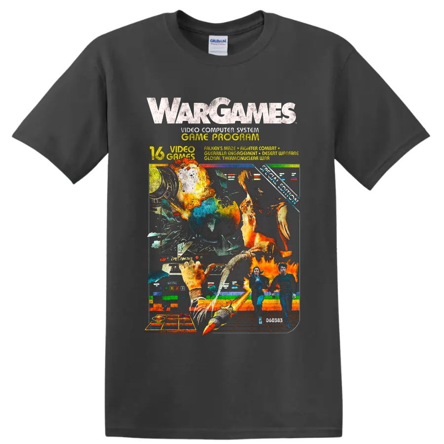 WarGames retro computer game program graphic with explosions and arcade screens on a Charcoal T Shirt