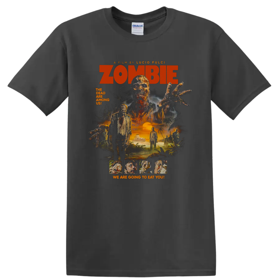Zombie 1979 vintage Italian horror movie poster graphic with undead island scene on a Charcoal T Shirt