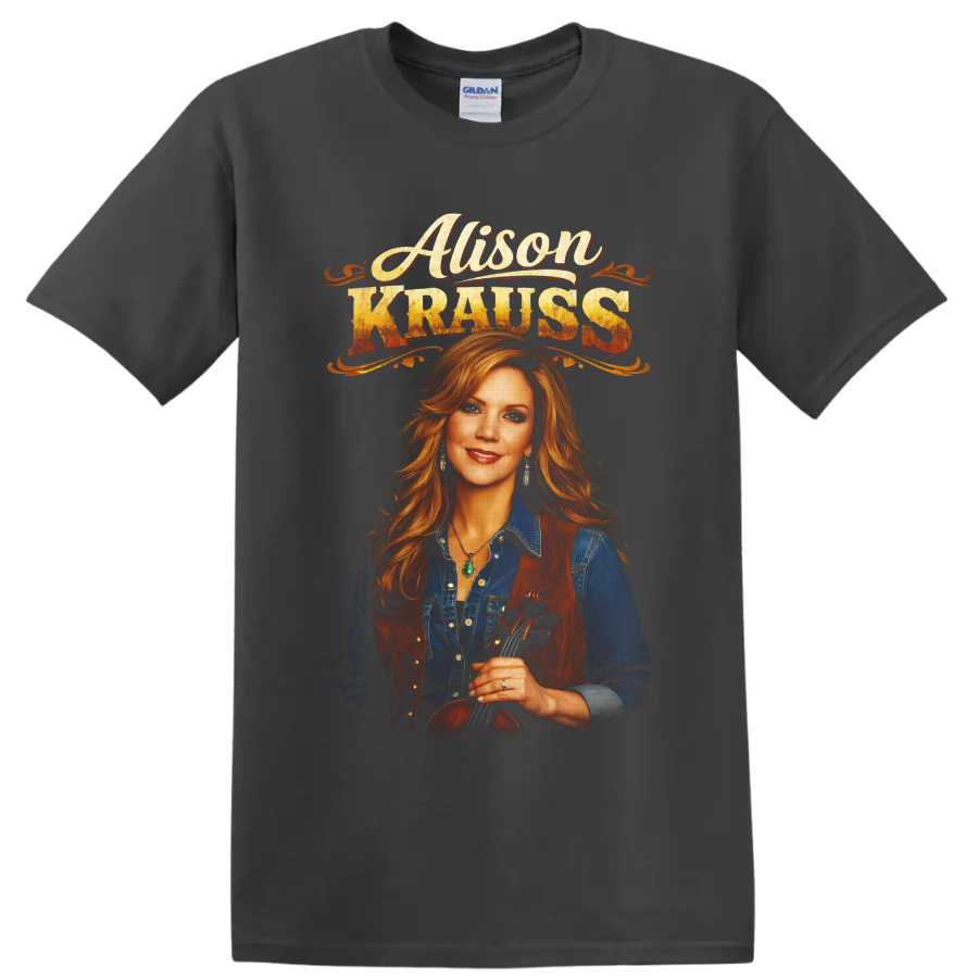 Alison Krauss fiddle portrait with distressed vintage western lettering on a Charcoal T Shirt
