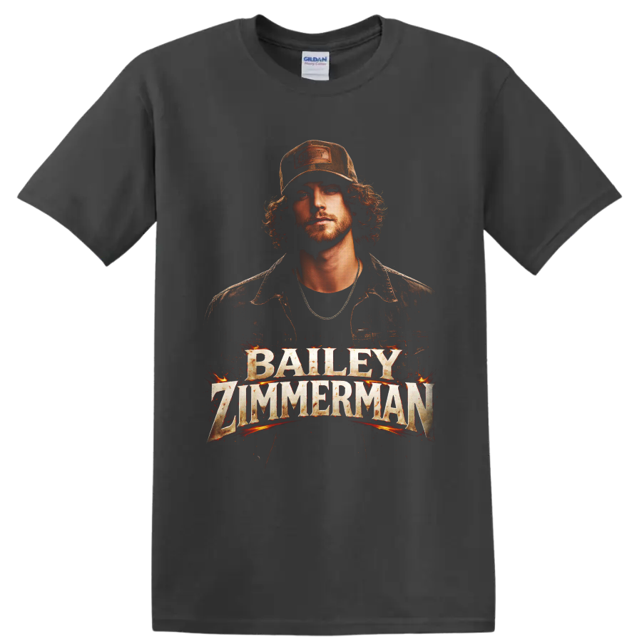 Bailey Zimmerman western portrait with fiery distressed name lettering on a Charcoal T Shirt