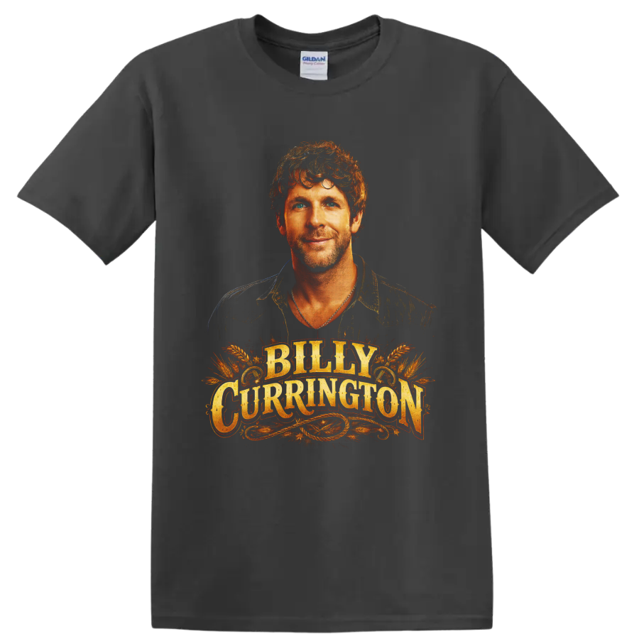Billy Currington portrait with western gold lettering, wheat stalks, and rope flourishes on a Charcoal T Shirt
