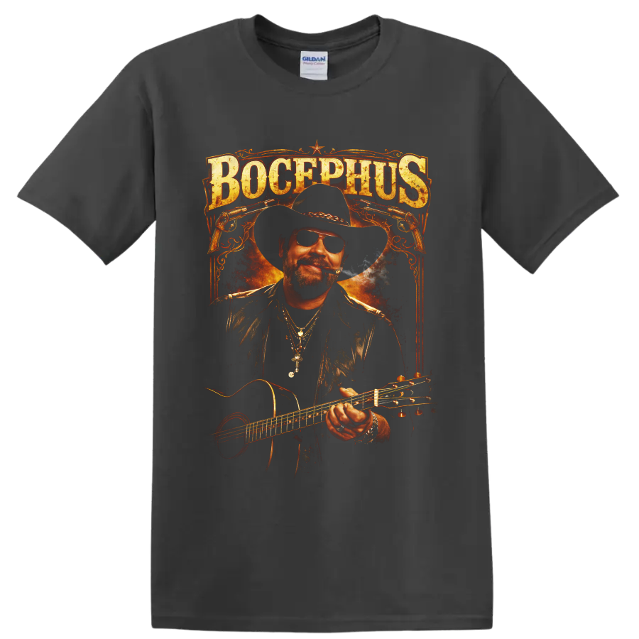Hank Williams Jr. Bocephus cowboy guitar portrait with Western revolvers and fiery on a Charcoal T Shirt