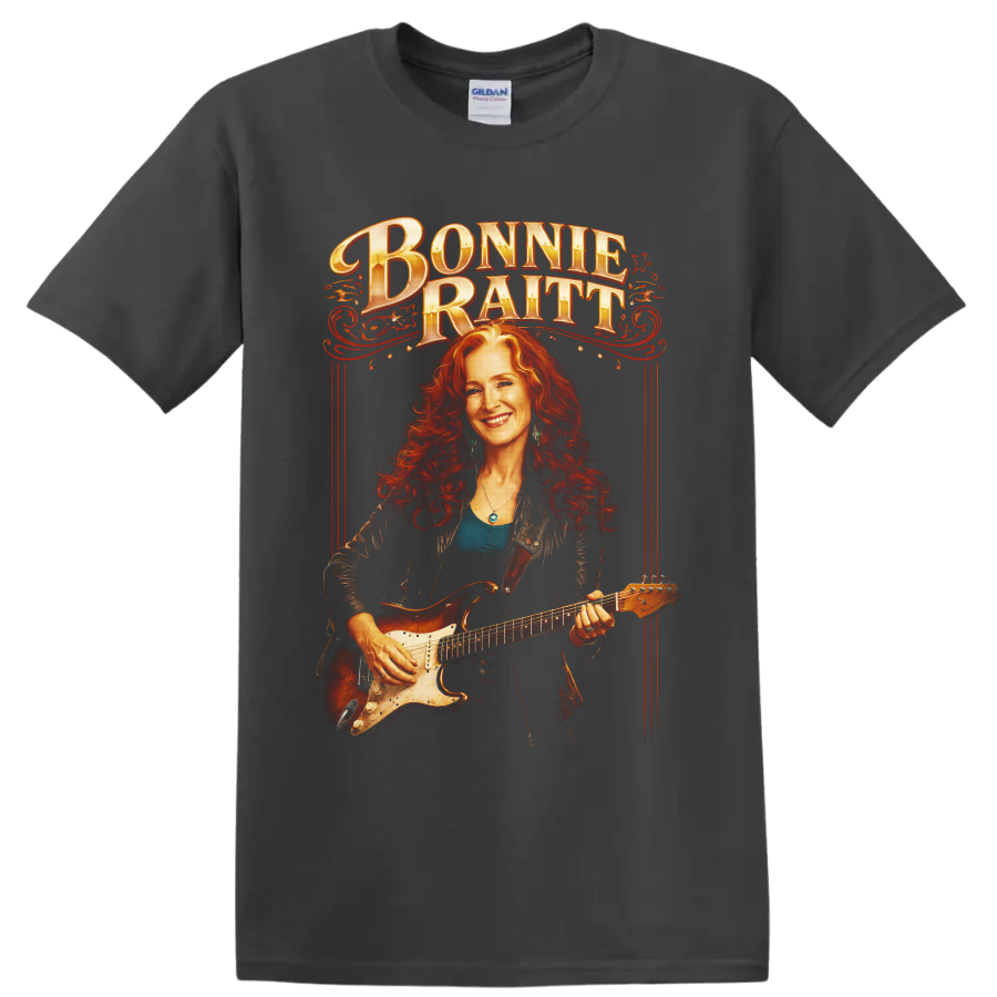 Bonnie Raitt guitarist portrait with ornate red vintage concert poster lettering on a Charcoal T Shirt