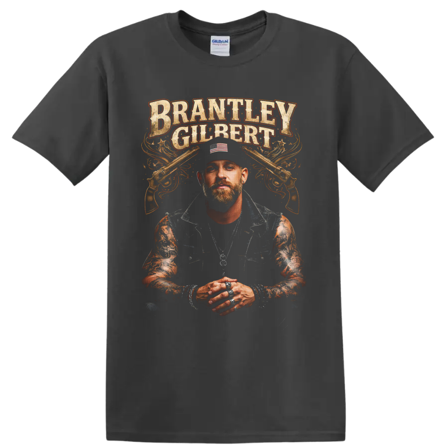 Brantley Gilbert portrait with crossed pistols and distressed western lettering on a Charcoal T Shirt