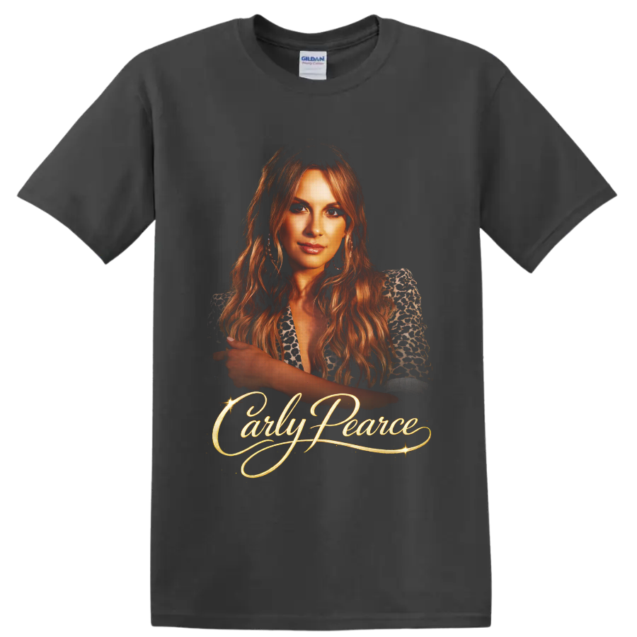 Carly Pearce country singer portrait with glowing gold script and sparkling accents on a Charcoal T Shirt
