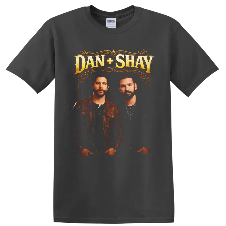 Dan + Shay portraits beneath ornate western gold lettering and scrollwork on a Charcoal T Shirt