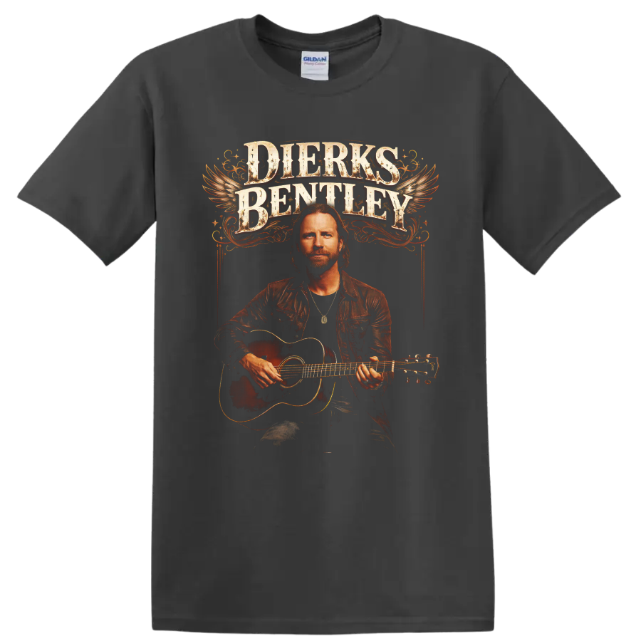 Dierks Bentley guitar portrait with winged vintage lettering and western flourishes on a Charcoal T Shirt