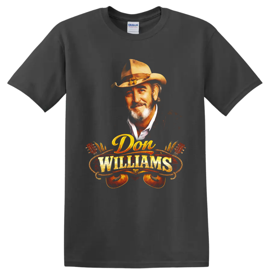 Don Williams cowboy hat portrait with guitars, rope, wheat, and western lettering on a Charcoal T Shirt