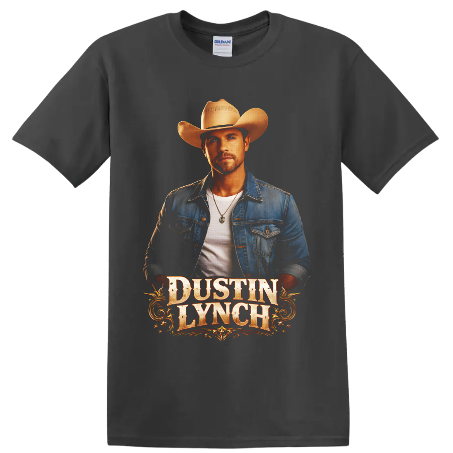 Dustin Lynch cowboy hat portrait with distressed western lettering and gold scrollwork on a Charcoal T Shirt
