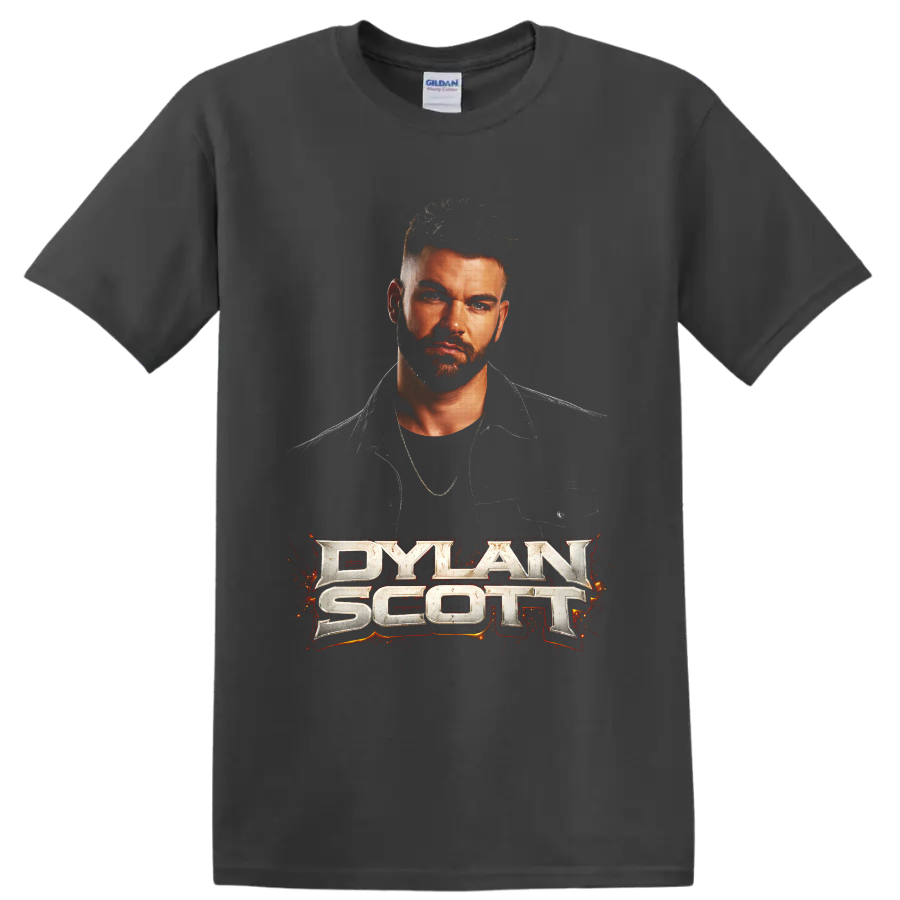 Dylan Scott portrait with metallic lettering and fiery red-orange country music graphics on a Charcoal T Shirt