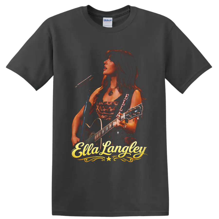 Ella Langley performing with guitar and microphone in a warm western concert portrait on a Charcoal T Shirt