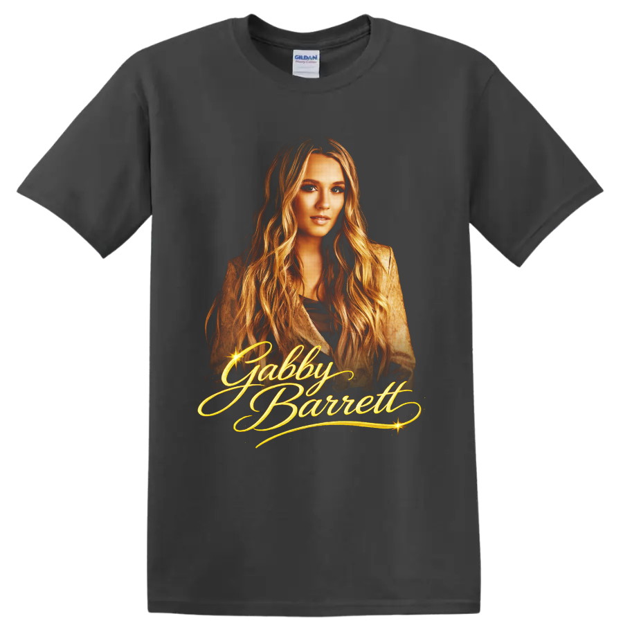 Gabby Barrett golden portrait with ornate script lettering and sparkling starbursts on a Charcoal T Shirt