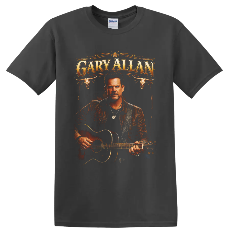 Gary Allan guitar portrait with western lettering, longhorn skulls, and ornate flourishes on a Charcoal T Shirt