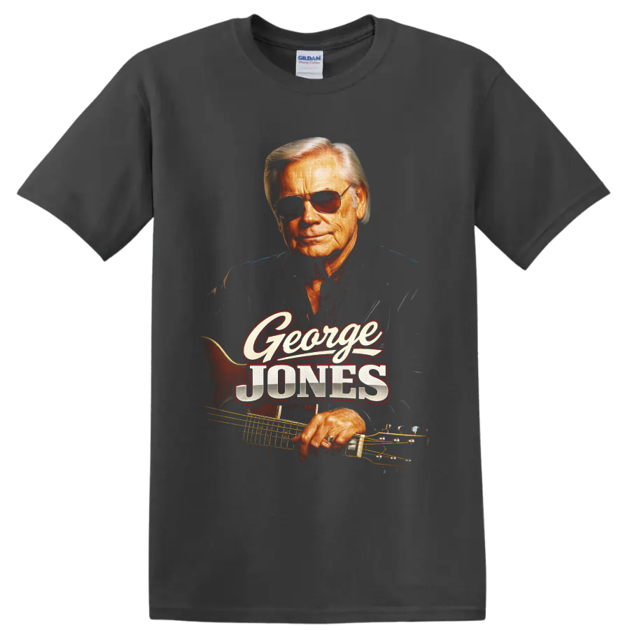 George Jones portrait with sunglasses, guitar, and vintage George Jones lettering on a Charcoal T Shirt