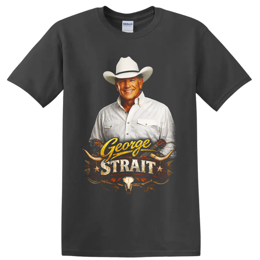 George Strait portrait with cowboy hat, guitars, longhorns, and western rope artwork on a Charcoal T Shirt