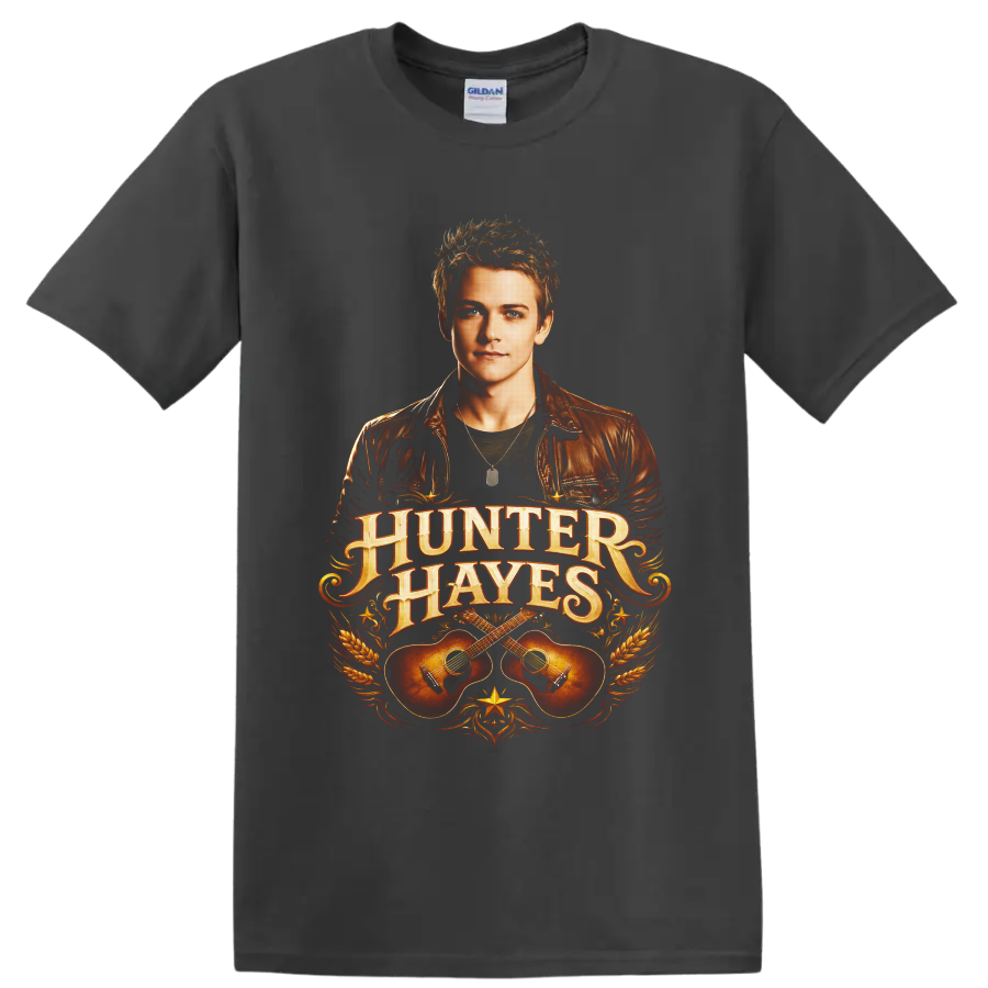 Hunter Hayes portrait with ornate lettering, crossed acoustic guitars, wheat, and western on a Charcoal T Shirt