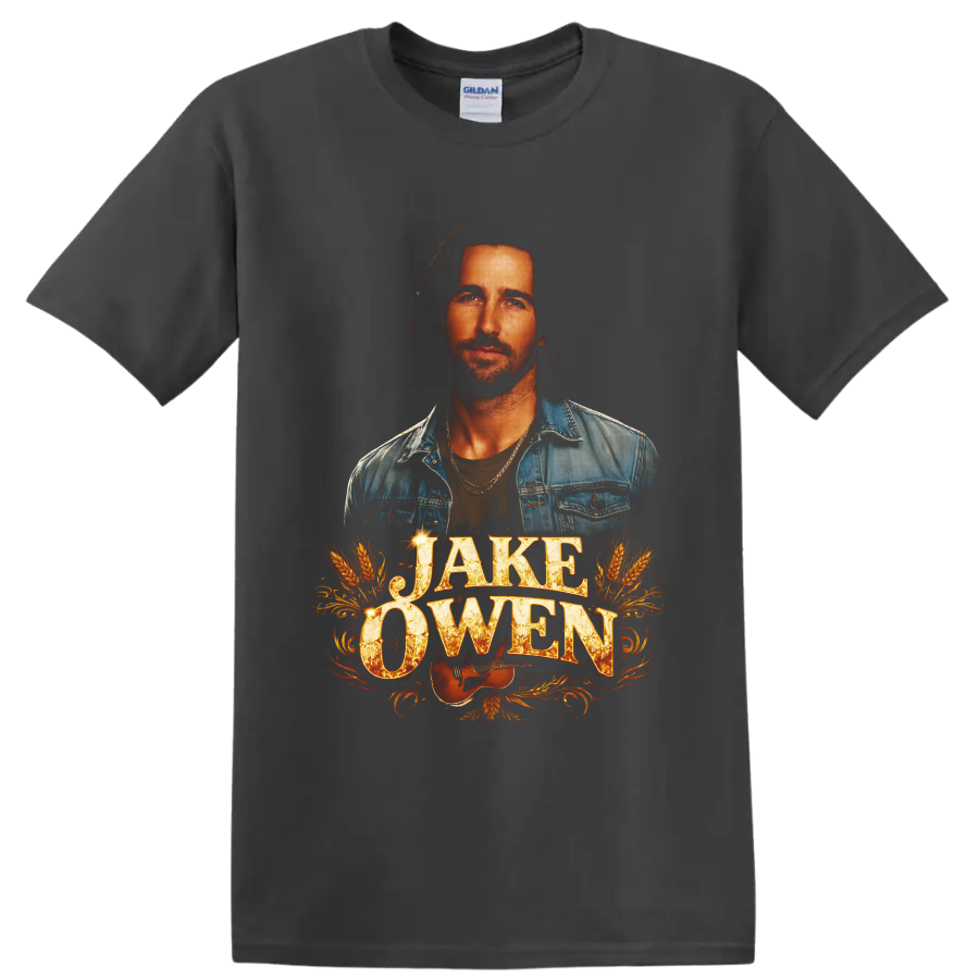 Jake Owen portrait with guitar, wheat, western flourishes, and distressed lettering on a Charcoal T Shirt