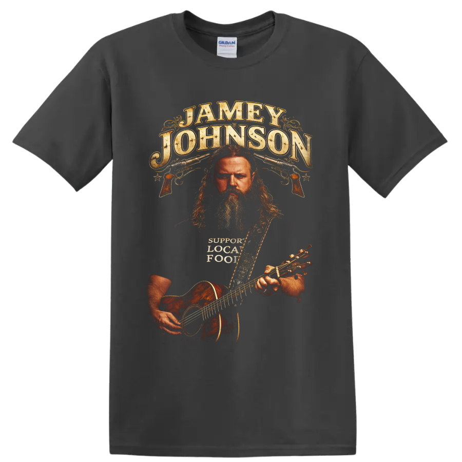 Jamey Johnson western portrait with acoustic guitar, pistols, and distressed lettering on a Charcoal T Shirt