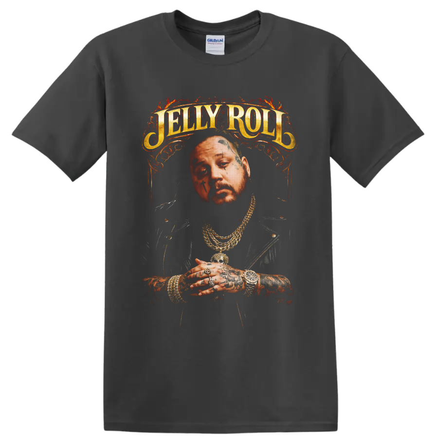 Jelly Roll tattooed portrait with ornate gold lettering and fiery red flourishes on a Charcoal T Shirt