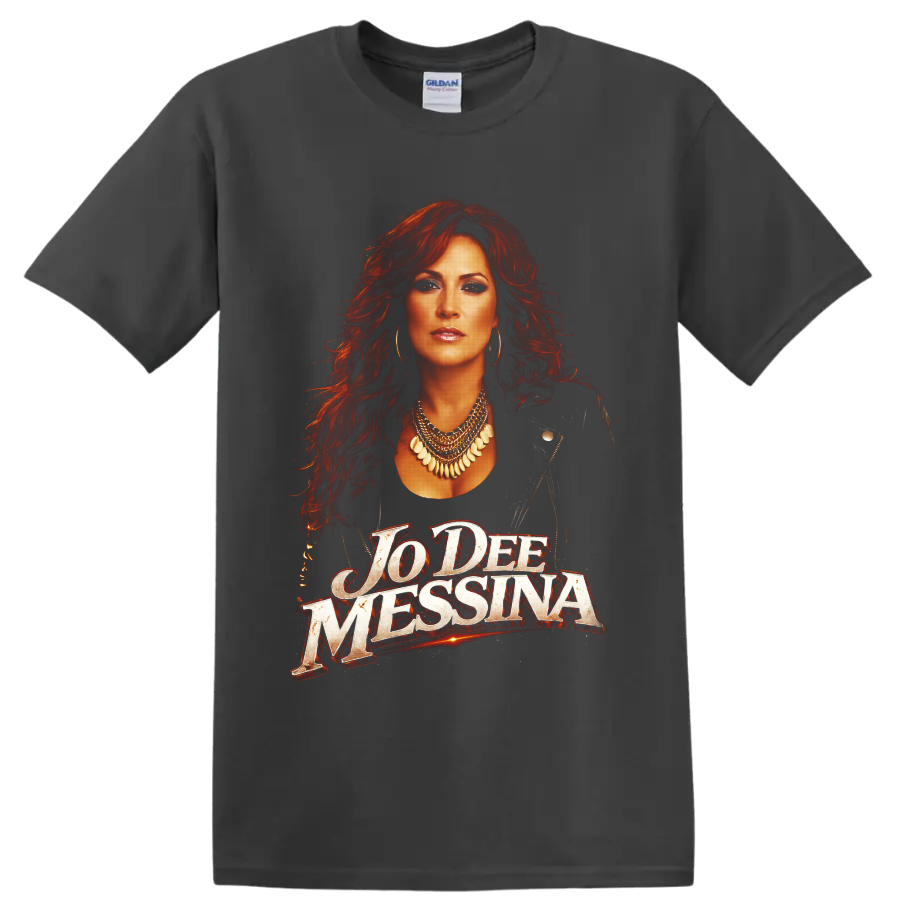 Jo Dee Messina red-haired country singer portrait with distressed name lettering on a Charcoal T Shirt