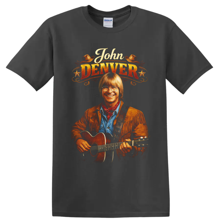 John Denver western portrait with acoustic guitar, cowboy hats, stars, and vintage on a Charcoal T Shirt
