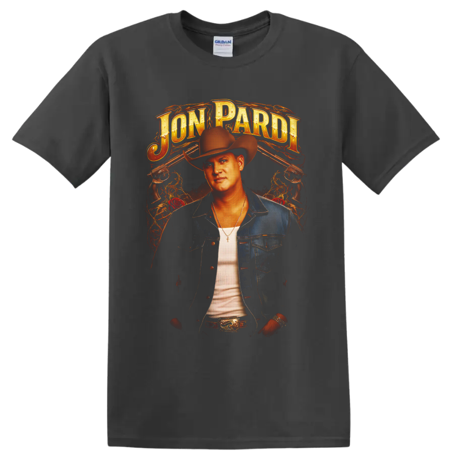 Jon Pardi western portrait with cowboy hat, roses, revolvers, flames, and gold lettering on a Charcoal T Shirt