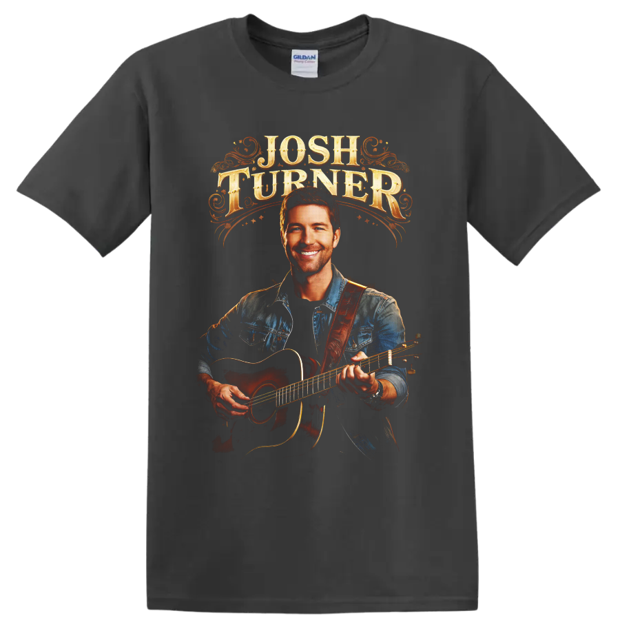 Josh Turner acoustic guitar portrait with ornate western lettering on a Charcoal T Shirt
