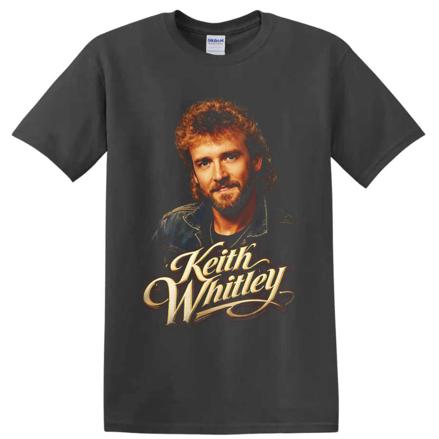 Keith Whitley portrait with ornate gold script in vintage country music poster style on a Charcoal T Shirt