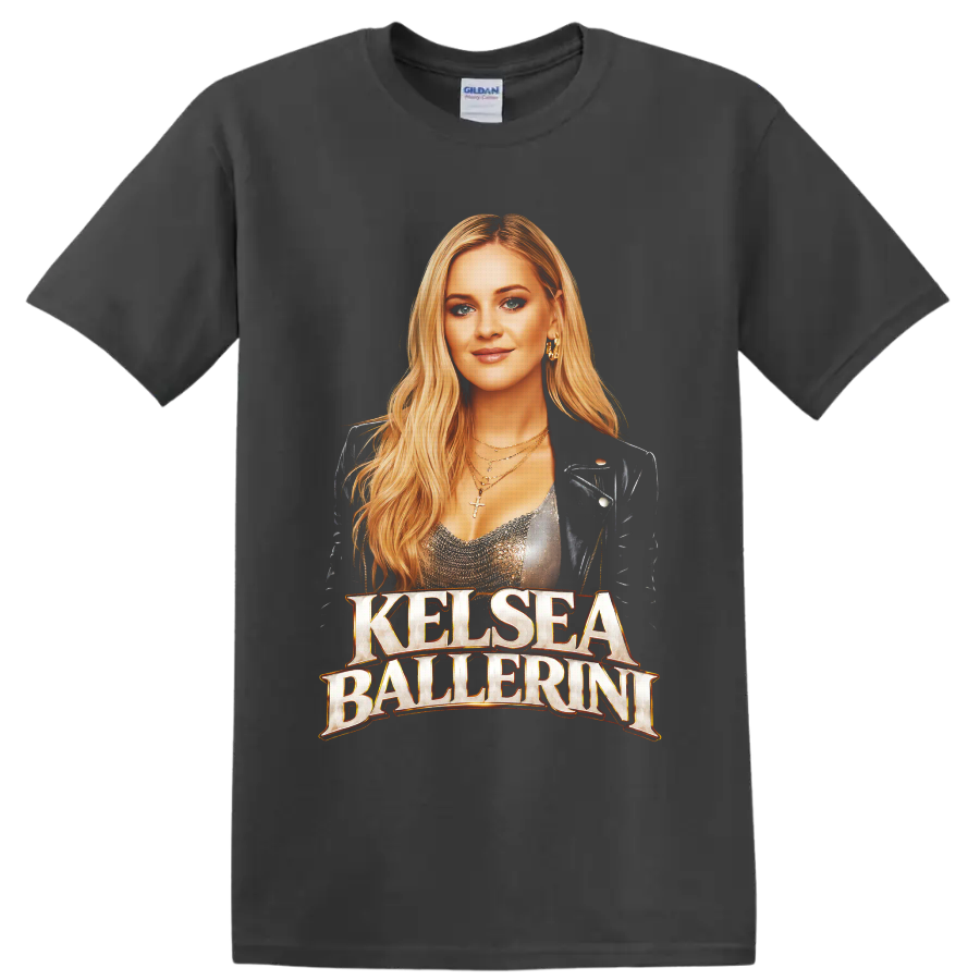 Kelsea Ballerini portrait with warm gold lettering in a concert-inspired graphic style on a Charcoal T Shirt