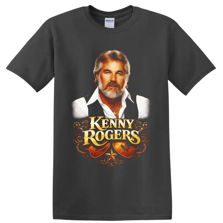Kenny Rogers portrait with ornate western lettering, acoustic guitars, rope, and stars on a Charcoal T Shirt