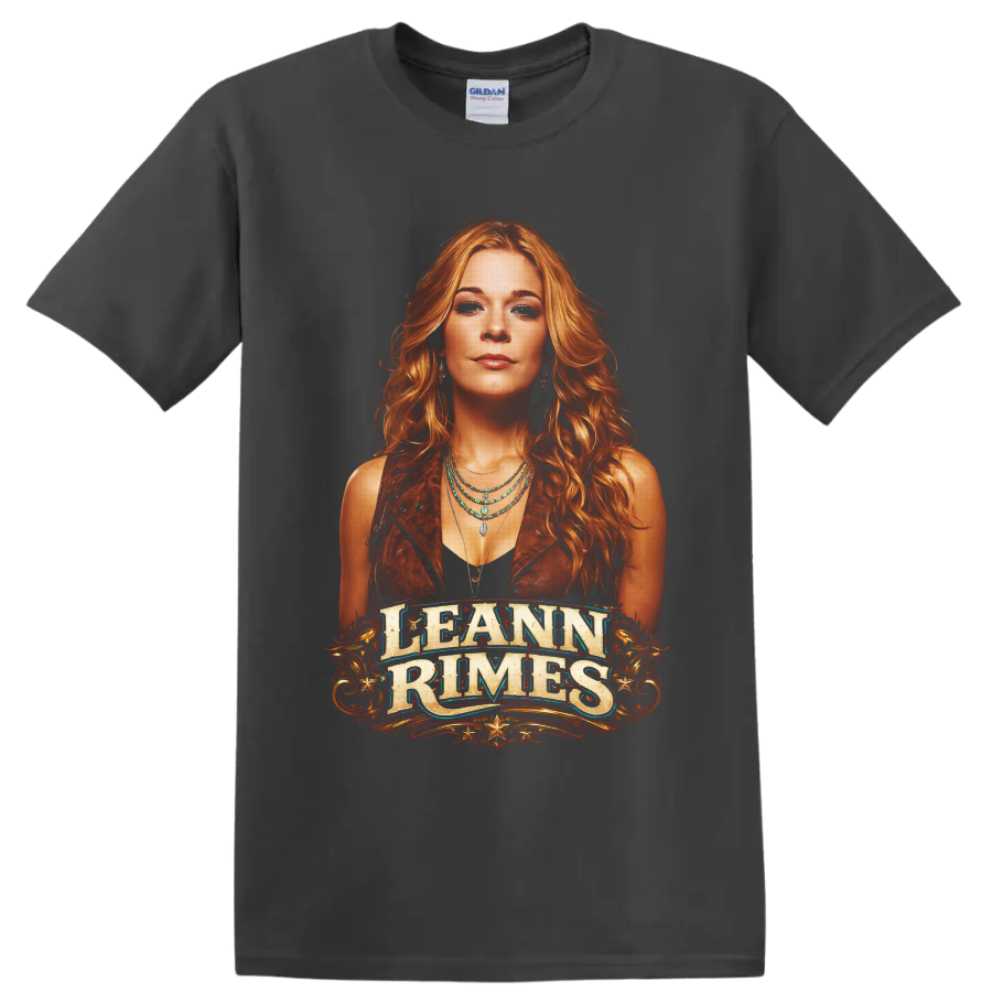 LeAnn Rimes western portrait with ornate lettering, gold flourishes, and turquoise jewelry on a Charcoal T Shirt