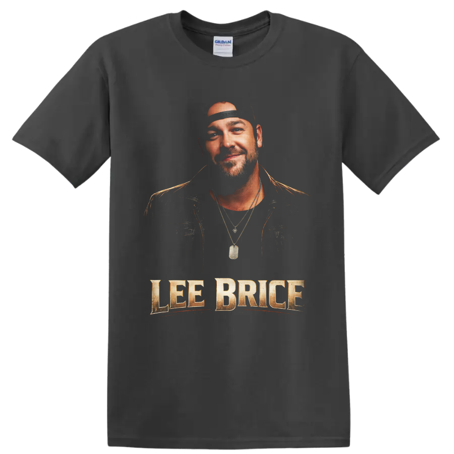 Lee Brice portrait with distressed gold name lettering in country concert poster style on a Charcoal T Shirt